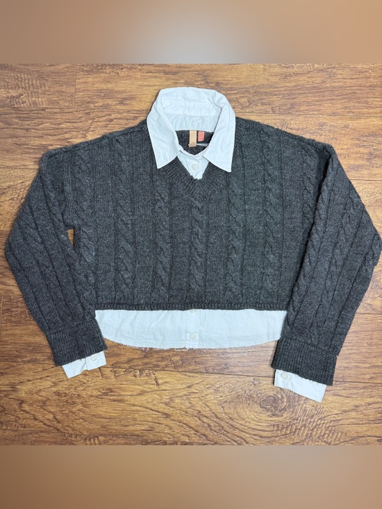Pilcro Sweaters - Anthropologie Pilcro Cable-Knit V-Neck Pullover Sweater Women S Gray White